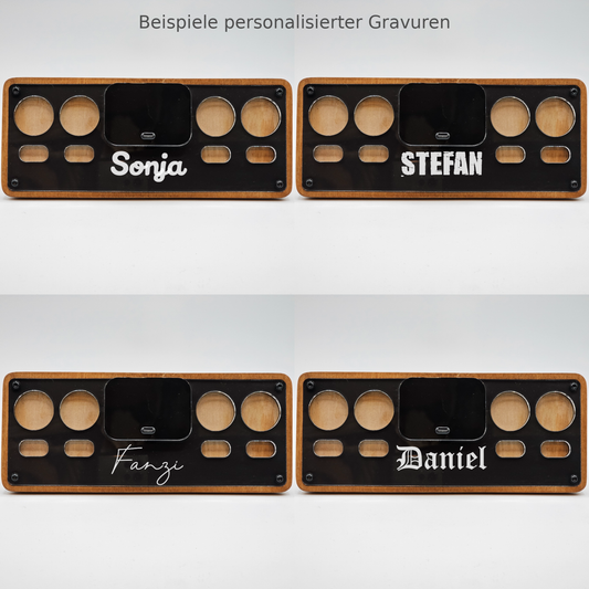 Collage von personalisierten Holz-Organizer mit individueller Gravur und modernem Design
