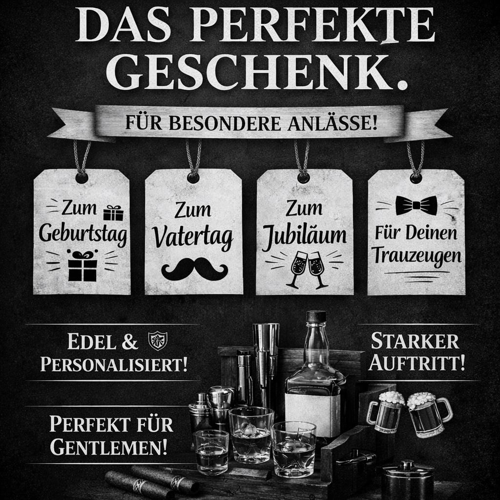 Geschenkidee für Männer: personalisiertes Whiskeyset mit Gläsern, Zigarren und Schildern für Geburtstag, Vatertag, Jubiläum, Trauzeugen.