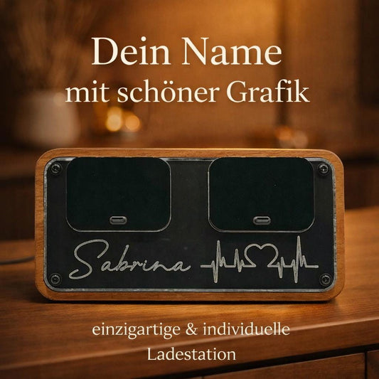 Personalisierte Holz-Ladestation mit Gravur, Herzschlag-Grafik und Namen, einzigartiges Geschenk