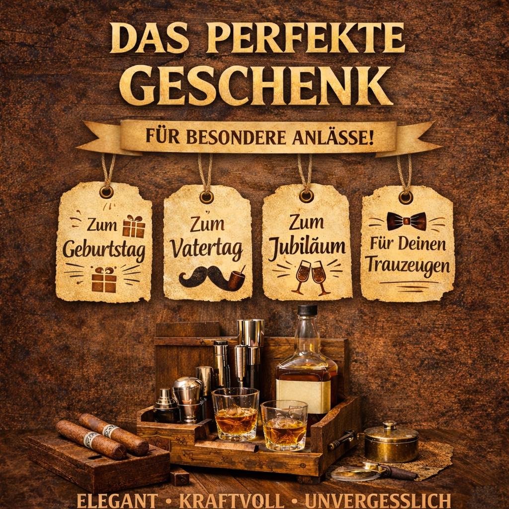 Edles Whiskey-Geschenkset mit Gläsern, Zigarren und Gravur für Geburtstag, Vatertag, Jubiläum.