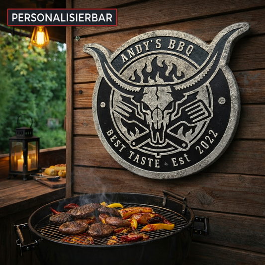 3D Wanddeko BBQ Bull Skull personalisiert – Name & Wunschtext | Deko für Griller