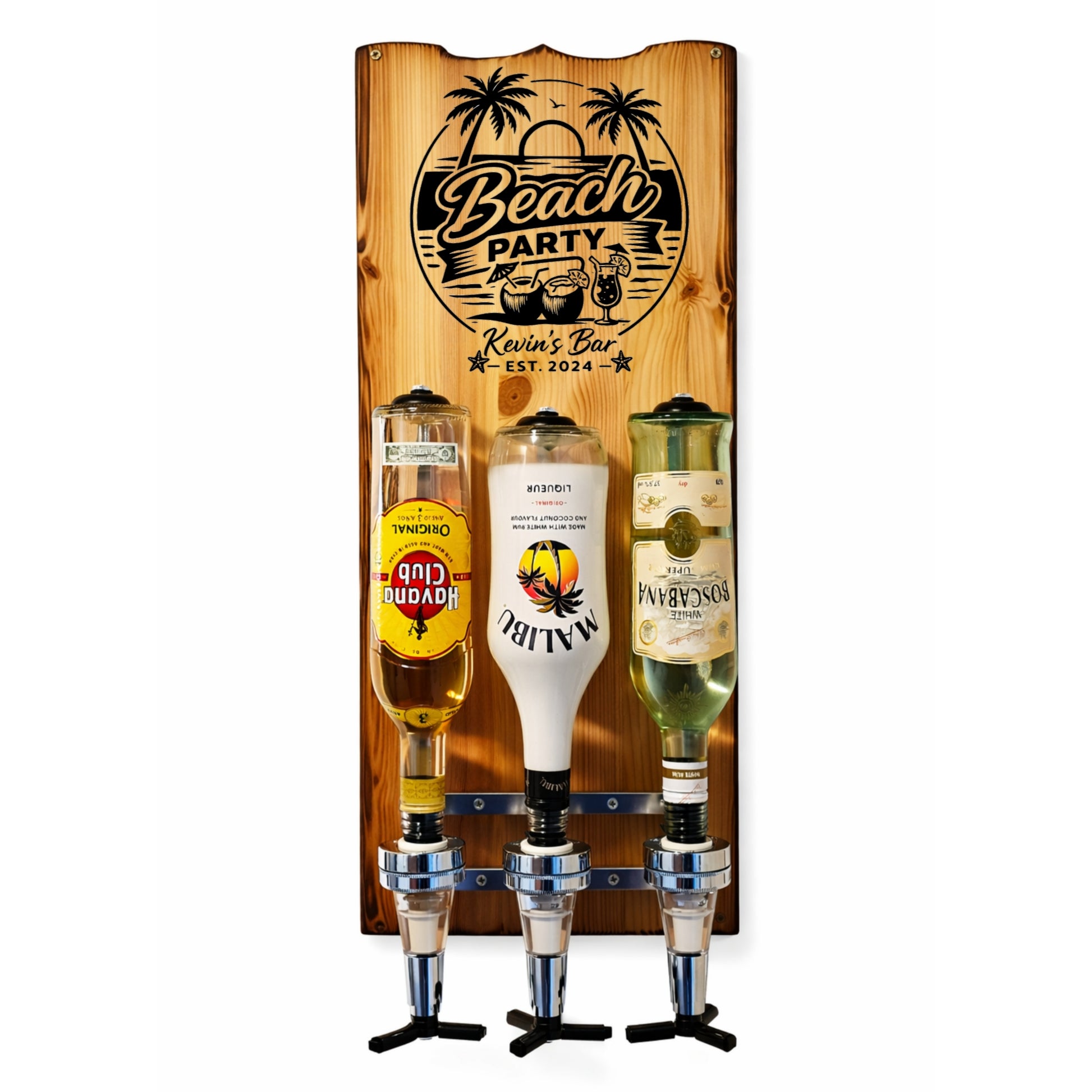 Holz-Bar-Spender mit Gravur Beach Party, drei Spirituosenflaschen, Wandhalterung
