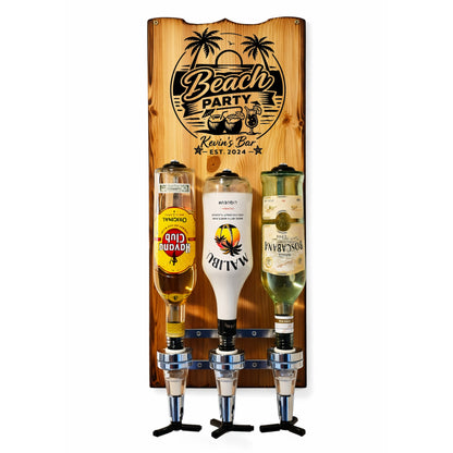 Holz-Bar-Spender mit Gravur Beach Party, drei Spirituosenflaschen, Wandhalterung