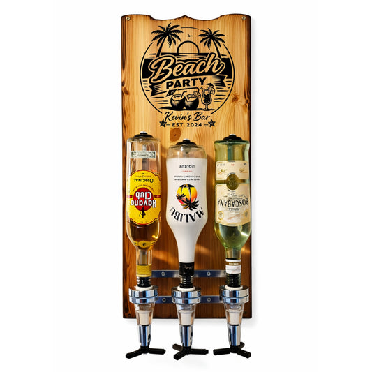 Holz-Bar-Spender mit Gravur Beach Party, drei Spirituosenflaschen, Wandhalterung