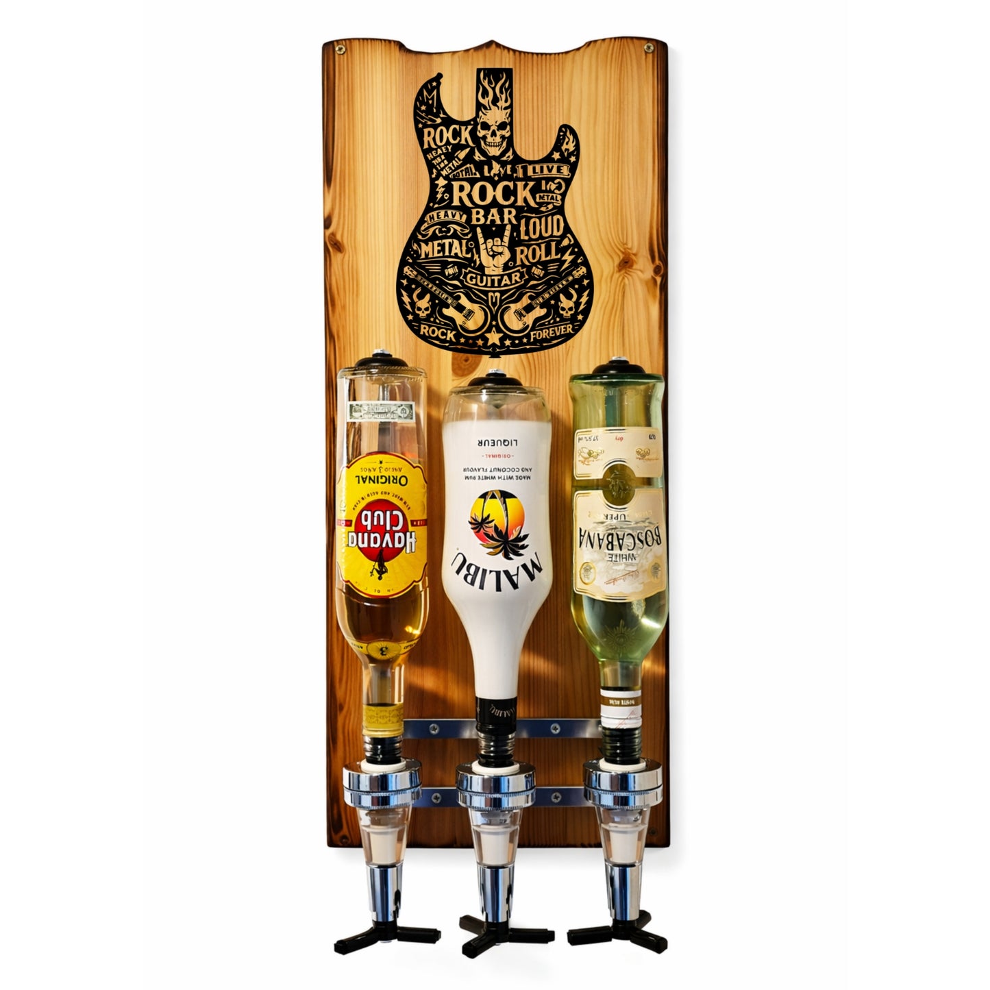 Wandhalterung aus Holz mit Rock-Gitarren-Design und drei Flaschen für Hausbar