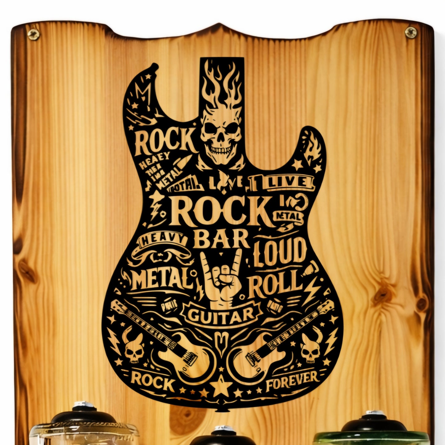 Lasergraviertes Holzbild in Gitarrenform mit Rockmusik-Motiven und Totenkopf-Design
