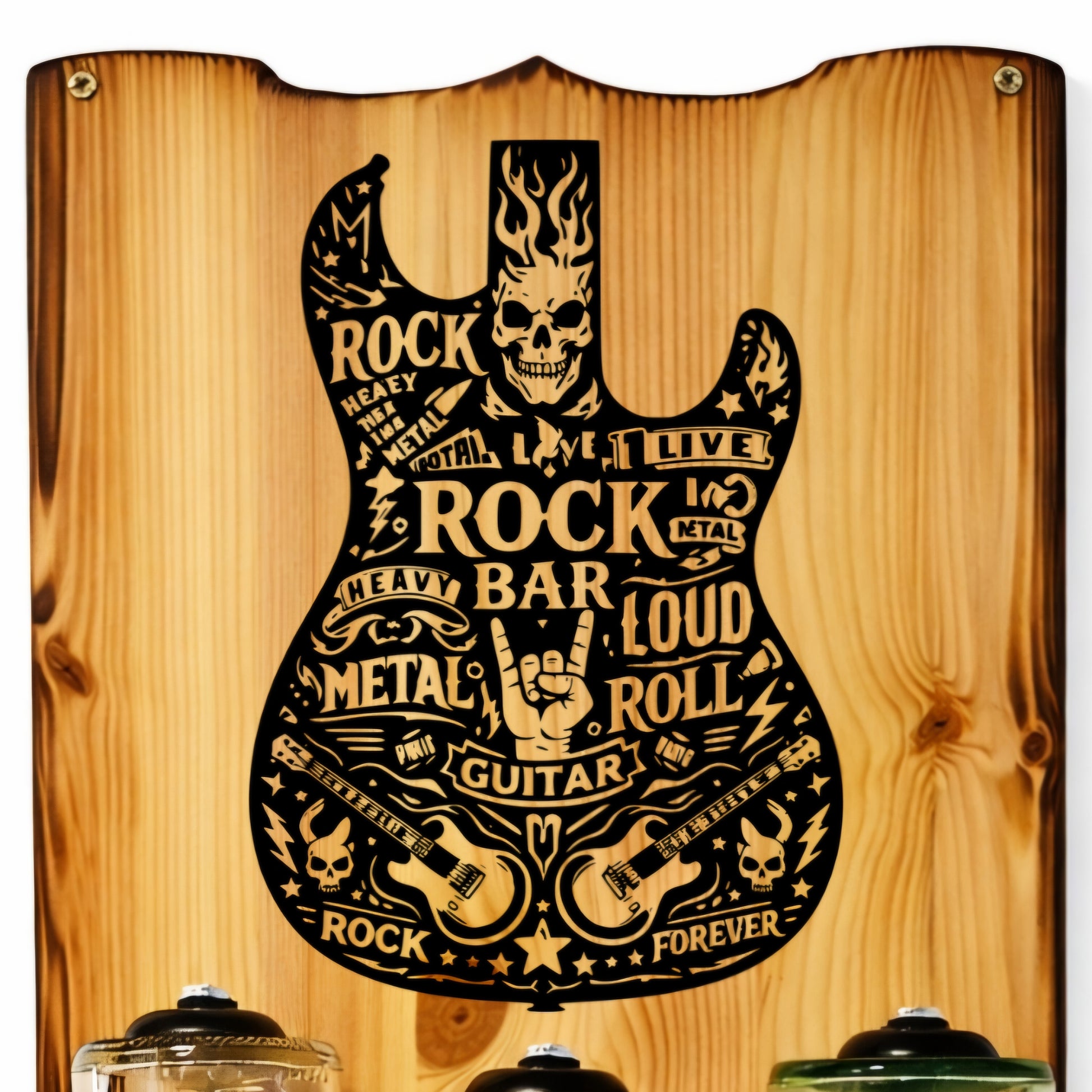 Lasergraviertes Holzbild in Gitarrenform mit Rockmusik-Motiven und Totenkopf-Design