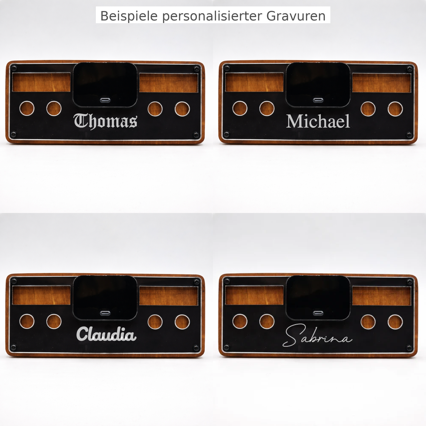 Collage von vier personalisierten Holzplatten mit verschiedenen Namen für Lasergravur-Geschenke