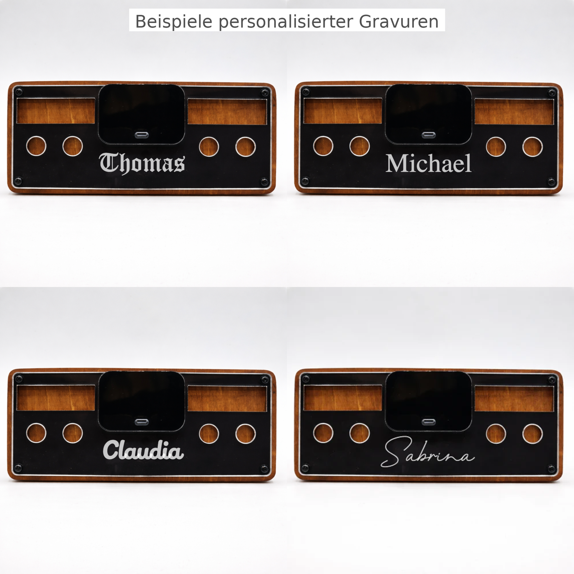 Collage von vier personalisierten Holzplatten mit verschiedenen Namen für Lasergravur-Geschenke