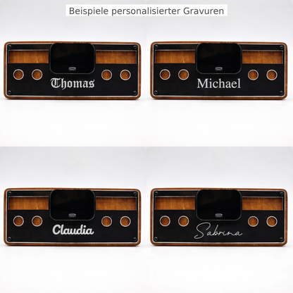 Collage von vier personalisierten Holzplatten mit verschiedenen Namen für Lasergravur-Geschenke