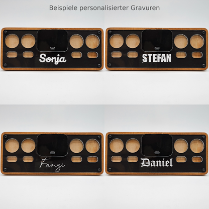 Collage von personalisierten Holz-Organizer mit individueller Gravur und modernem Design