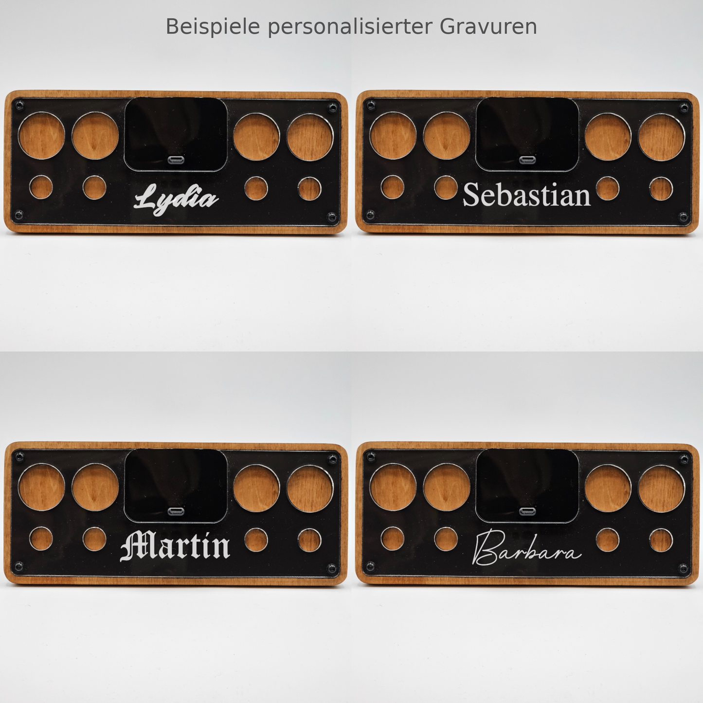 Collage von personalisierten, lasergravierten Holz-Organizer mit vier Namen als Beispiele