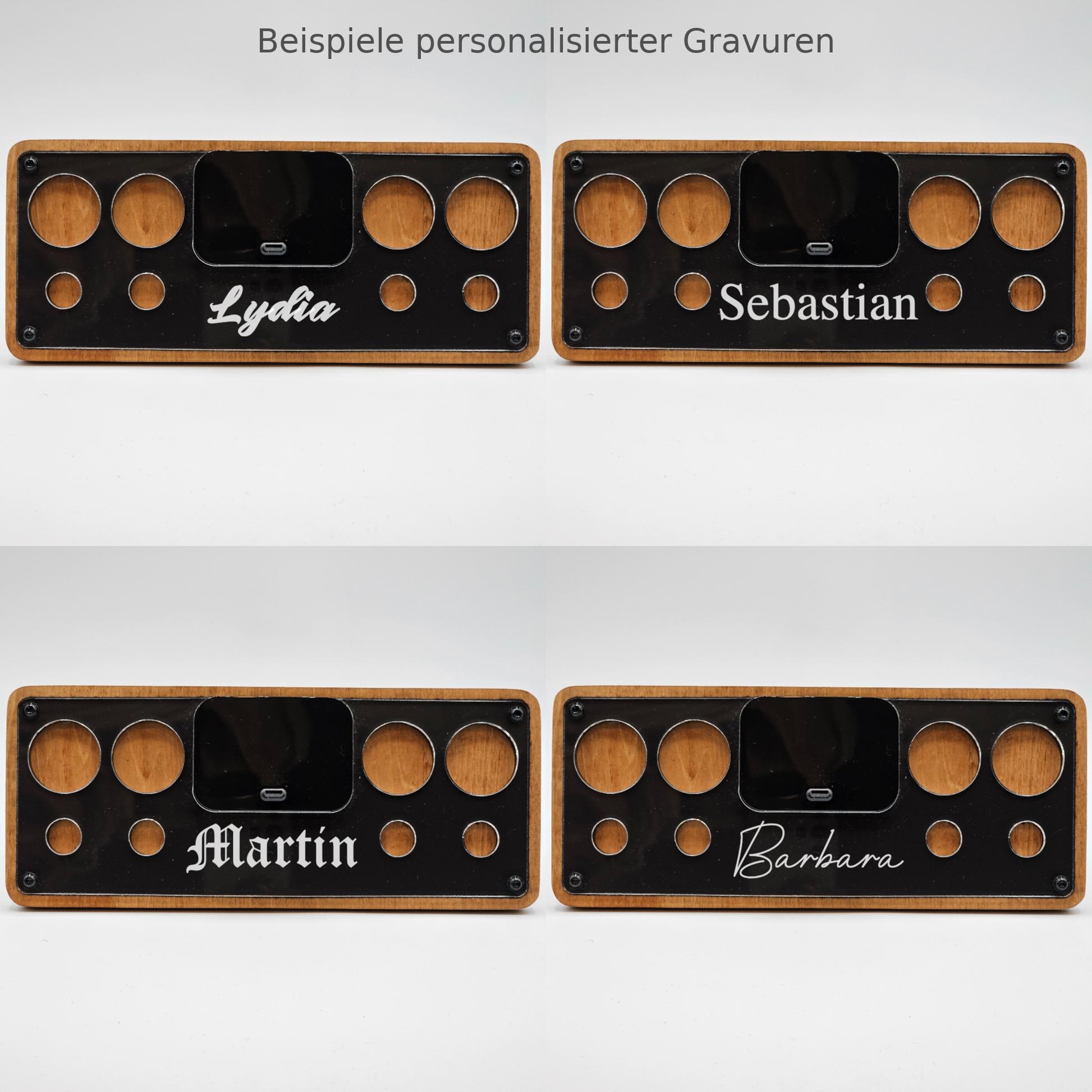 Collage von personalisierten, lasergravierten Holz-Organizer mit vier Namen als Beispiele