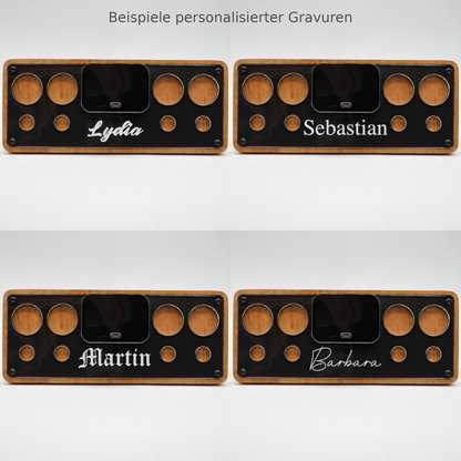 Collage von personalisierten, lasergravierten Holz-Organizer mit vier Namen als Beispiele