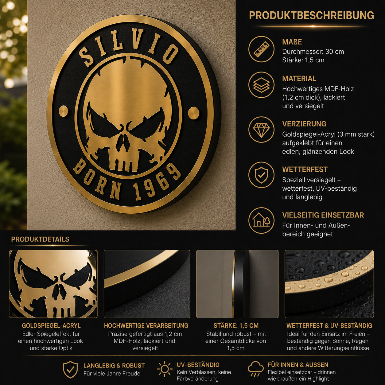 3D Wanddeko RANDI-SKULL Goldspiegel