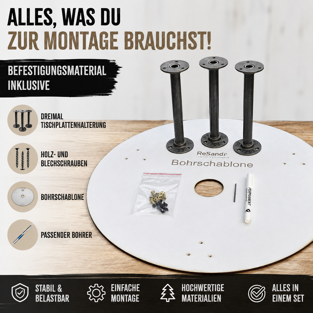 Holztischplatte 80 cm - DIY Stehtisch Set - COW SKULL BURNED