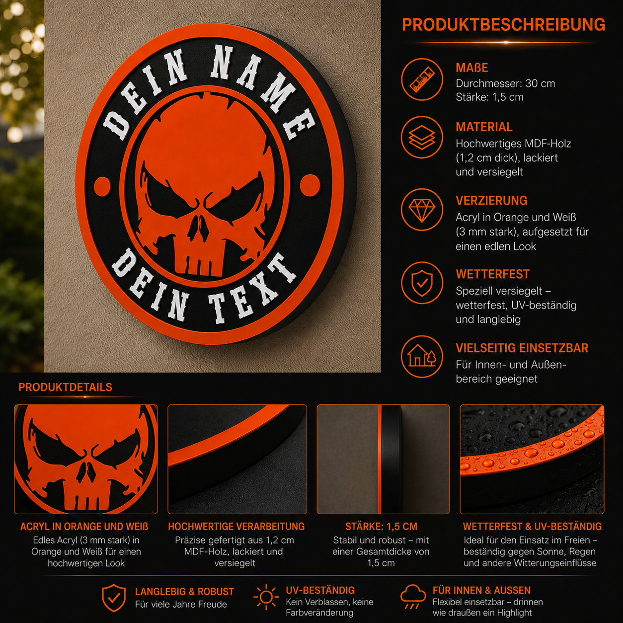 3D Wanddeko RANDI-SKULL Orange Weiß