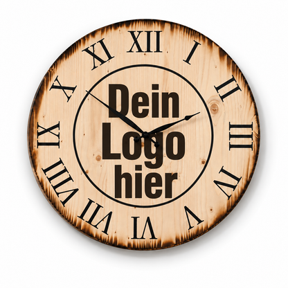 XL Wanduhr aus Holz 60 cm - Antik Wunschlogo