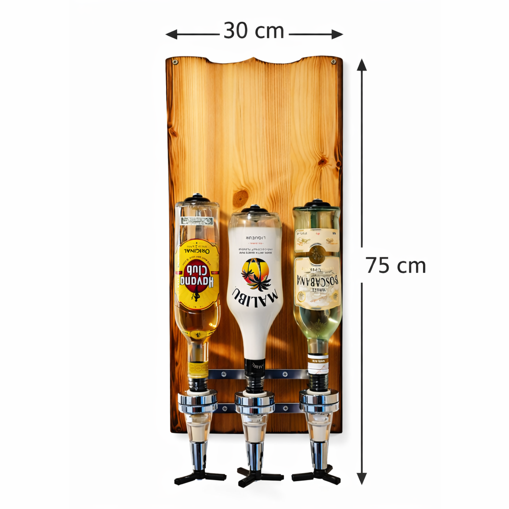 Wandhalterung für Flaschen, Holz, 30x75 cm, mit drei Dosierspendern für Spirituosen
