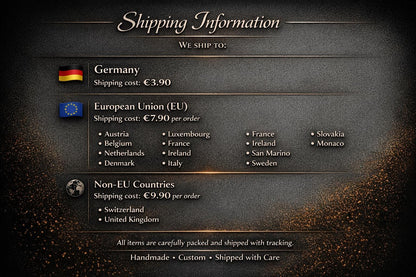 Versandinformationen Tafel mit Versandkosten für Deutschland, EU und Nicht-EU-Länder, Länderauflistung und Hinweis auf sorgfältigen Versand von handgefertigten Produkten.