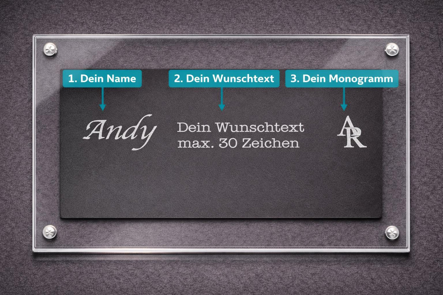 Personalisierbares Namensschild aus Acryl mit Name, Wunschtext und Monogramm, Lasergravur
