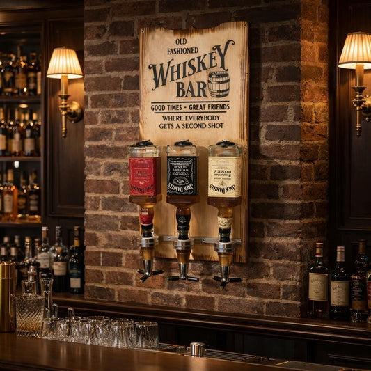 Whiskey Bar mit personalisiertem Holzschild, drei Whiskey-Spendern und stilvollem Barambiente