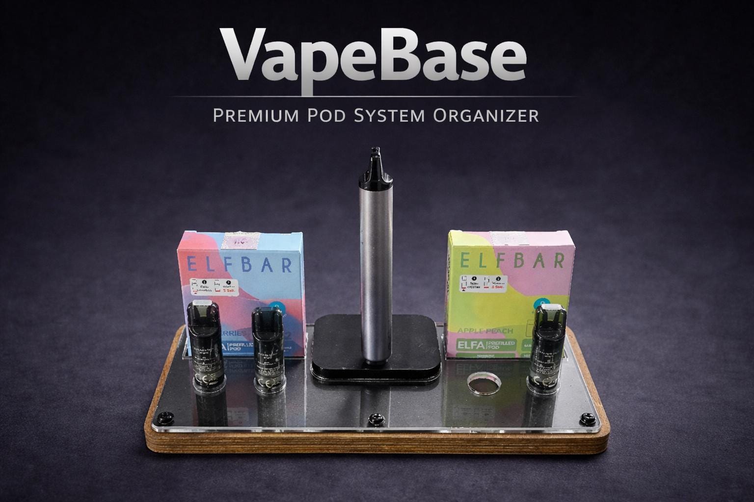 VapeBase Pod Organizer mit ELF BAR E-Zigaretten und Pods auf Holzständer