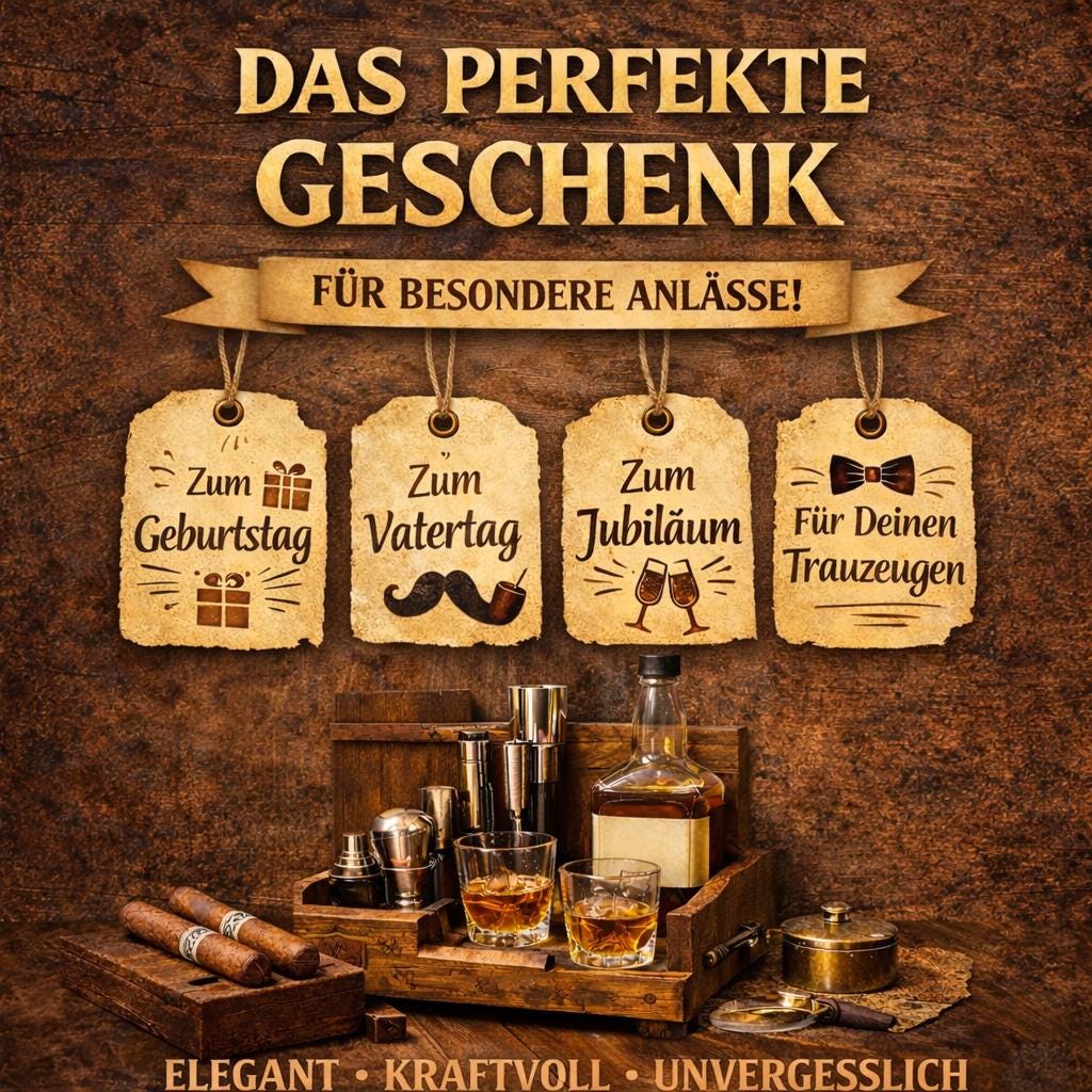 Edle Whisky Geschenkbox mit Gravur, zwei Gläsern, Zigarren und Zubehör, ideal für besondere Anlässe wie Geburtstag, Vatertag oder Jubiläum.