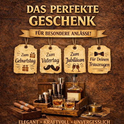 Edle Whisky Geschenkbox mit Gravur, zwei Gläsern, Zigarren und Zubehör, ideal für besondere Anlässe wie Geburtstag, Vatertag oder Jubiläum.