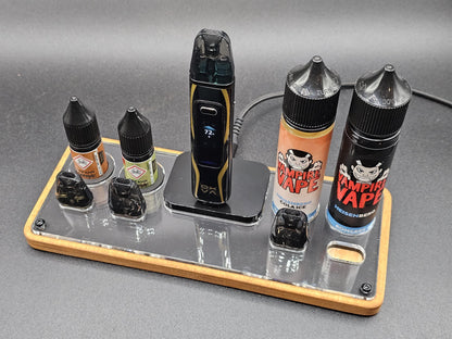 Organizer für E-Liquid Flaschen und E-Zigarette aus Holz und Acryl, stilvoll aufgestellt