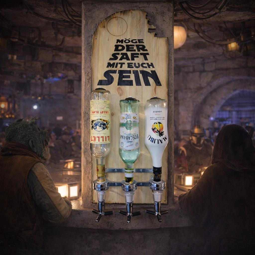 Witzige Bar-Dekoration mit Spruch und alkoholischen Getränkespendern in rustikalem Stil