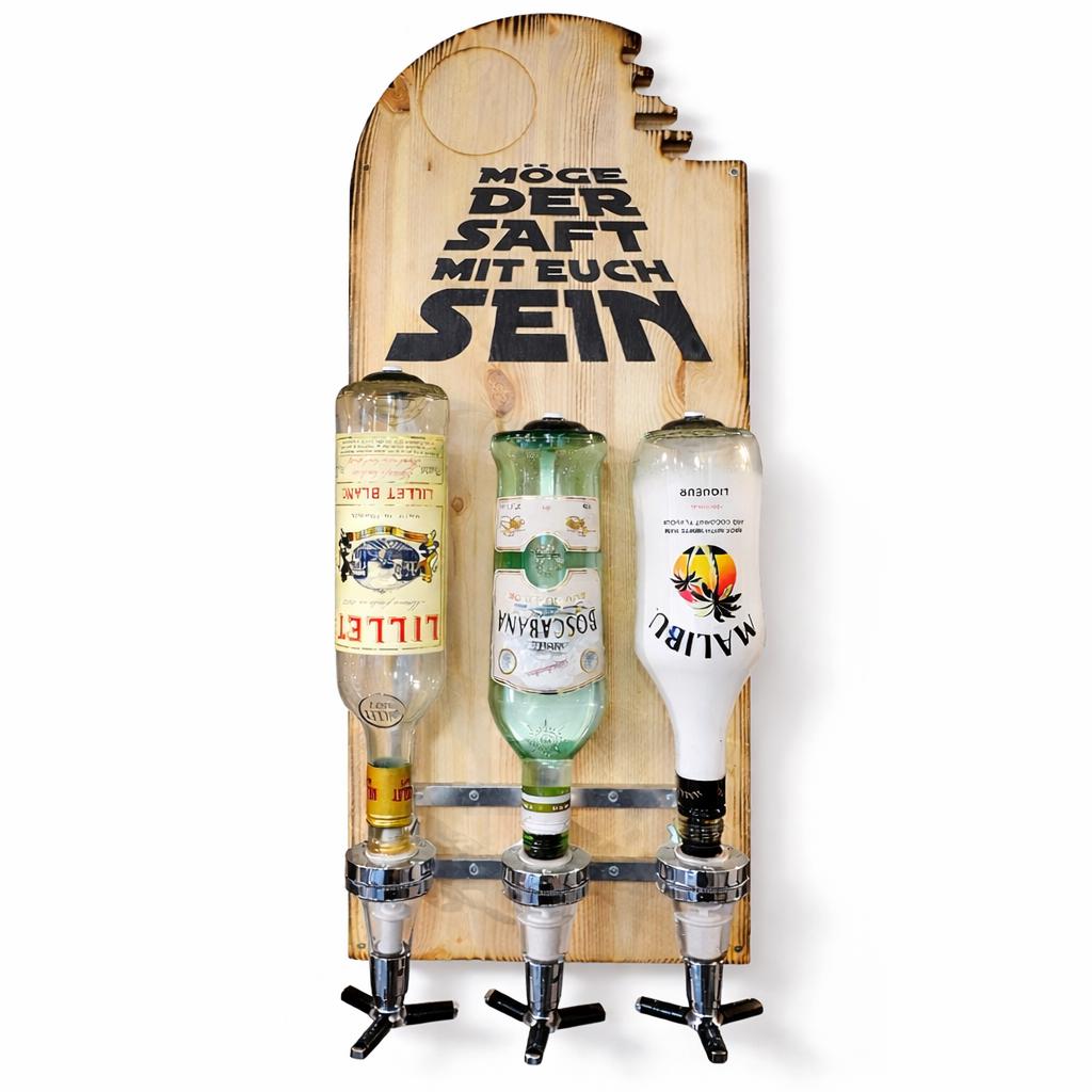 Holz Wandbar mit Lasergravur 'Möge der Saft mit euch sein', drei Flaschen mit Ausgießer