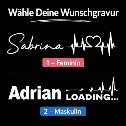Gravur Auswahl mit Namen, Herzschlaglinie, femininem und maskulinem Design, schwarze Vorlage