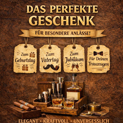 Whisky-Set mit Gläsern, Zigarren und Barzubehör als Geschenkidee für Geburtstag, Vatertag, Jubiläum oder Trauzeugen, rustikaler Hintergrund.