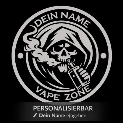 Personalisierbare Lasergravur: Totenkopf mit Kapuze und E-Zigarette, Vape Zone Design