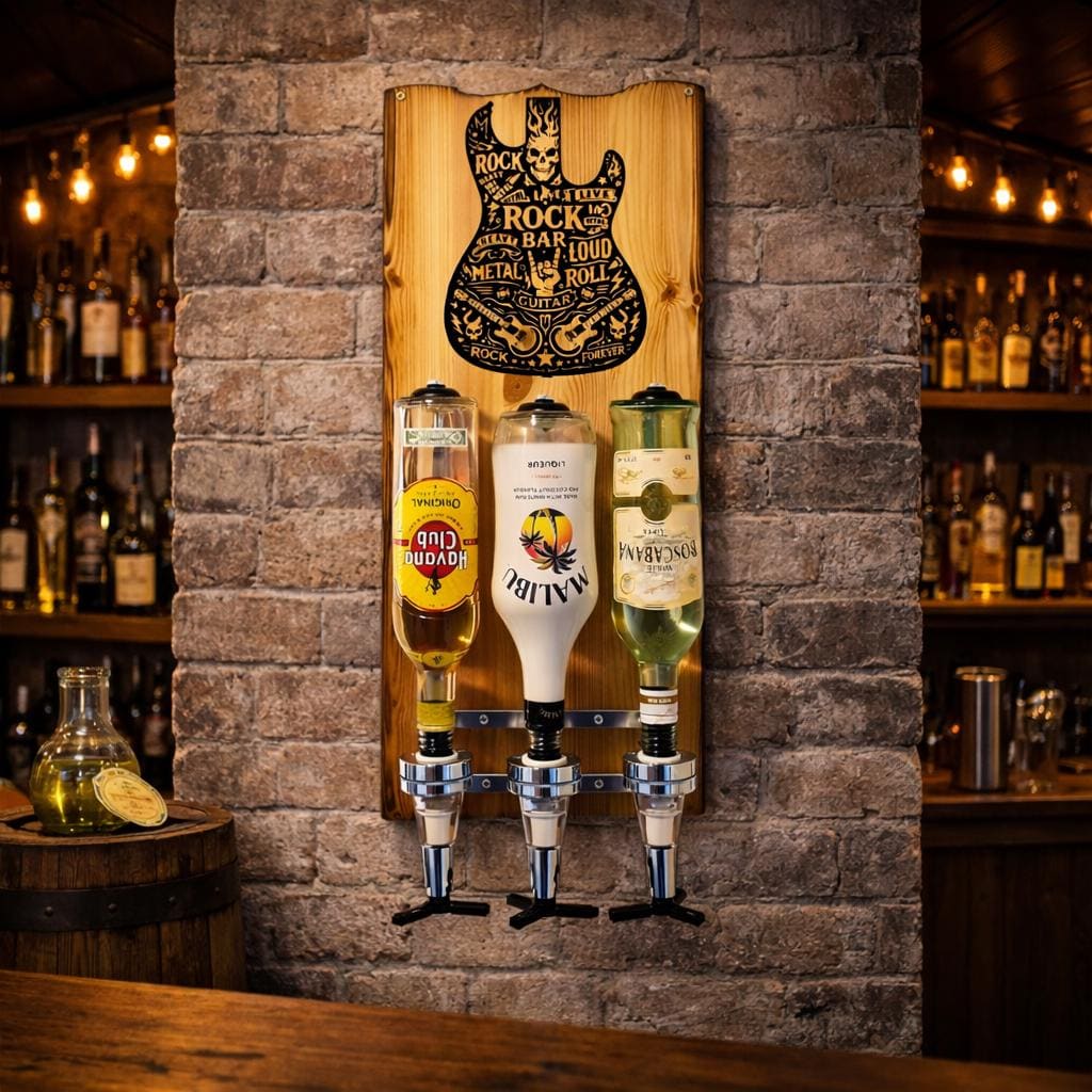 Wandmontierter Flaschenhalter aus Holz mit Rock-Gitarren-Motiv in gemütlicher Bar.