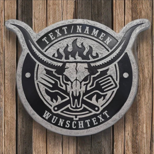 3D Wanddeko BBQ Bull Skull personalisiert – Name & Wunschtext | Deko für Griller